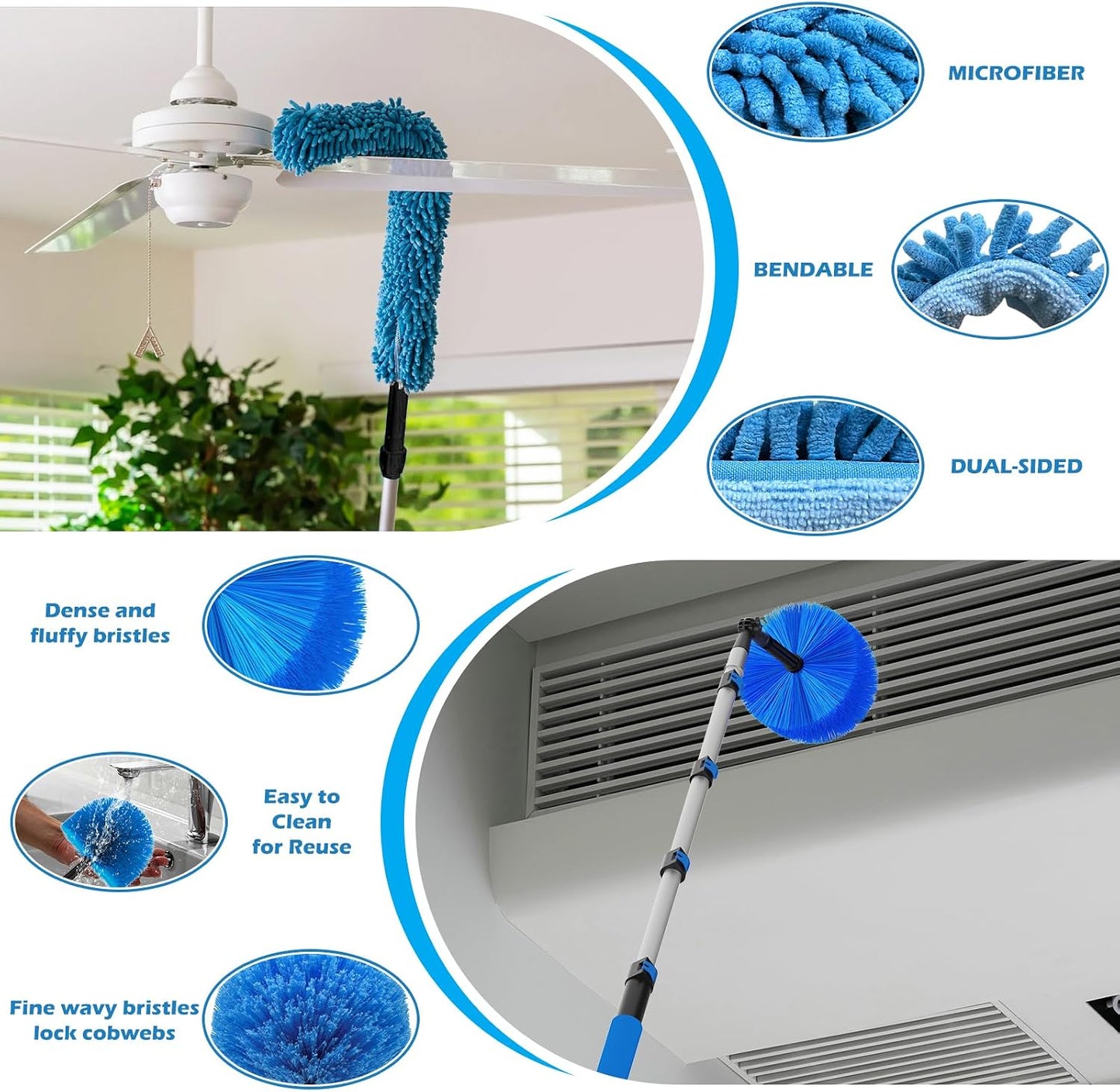 25FT Reach High Ceiling Duster Kits with 5-20FT Adjustable Pole - Includes Extra Long Duster, High Ceiling Duster, Rotatable Window Squeegee & Cobweb Duster for Ceiling Fans and Whole House Cleaning