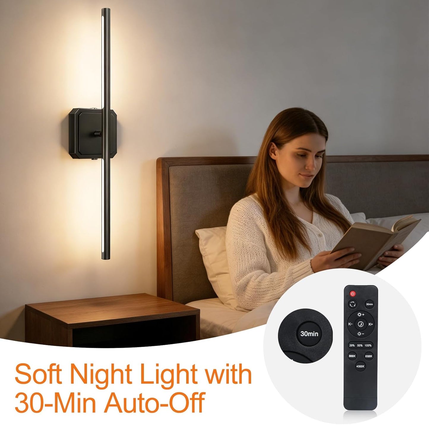 Battery Operated Wall Sconces Set of 2, 𝐔𝐩𝐠𝐫𝐚𝐝𝐞𝐝 Rechargeable Wall Lights with Remote Control, LED Wall Sconces Black, 3000K-6000K Dimmable 360° Rotatable for Living Room, Bedroom, 28''