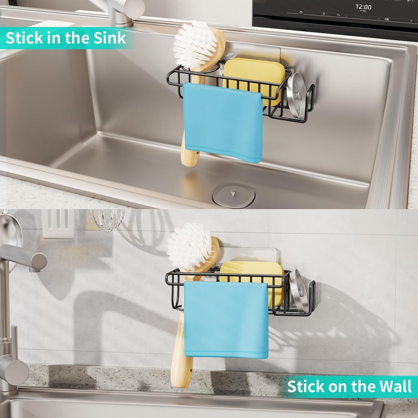 HapiRm 4 in 1 Sink Caddy Sponge Holder, SUS304 Stainless Steel Kitchen Brush Holder and Dish Cloth Hanger, Kitchen Organizers and Storage Essentials - Silver
