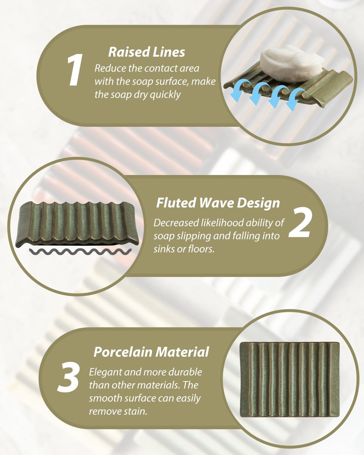 Self Draining Soap Dish, Ceramic Drain Soap Holder Waterfall Design Soap Saver for Shower, Bathroom, Sink, Kitchen and Countertop, Keeps Dry, Green