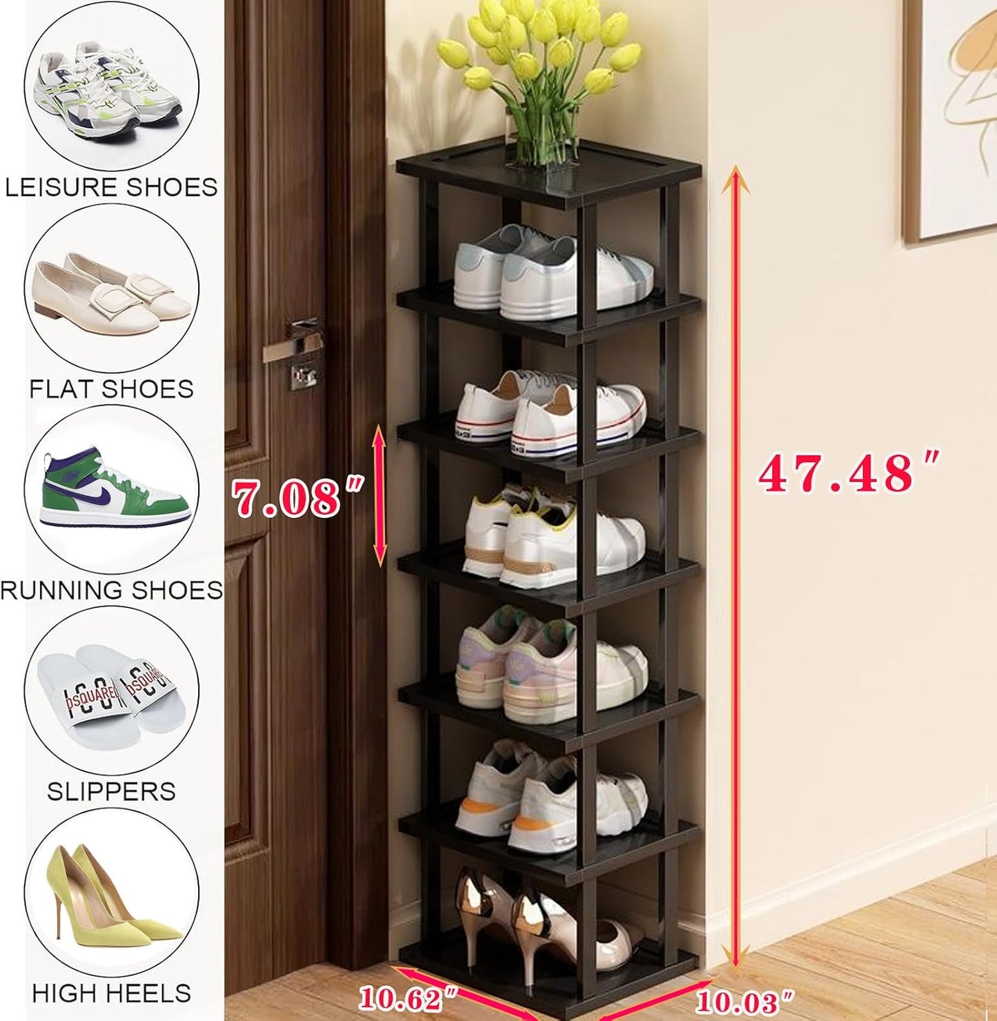 Vertical Shoe Rack - Tall Narrow Shoe Rack Organizer for Small Spaces,5 Tier Bamboo Shoen Shelf for Entryway,Closet,Corner,Doorway,Skinny Shoe Shelf Space Saving Shoe Storage,Free Stackable DIY