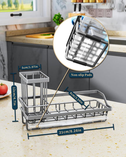 Consumest Sponge Holder for Kitchen Sink - Kitchen Sink Caddy Organizer with Removable Drip Tray for Countertop Dish Soap Dispenser Brush Storage Accessories 304 Stainless Steel - Black