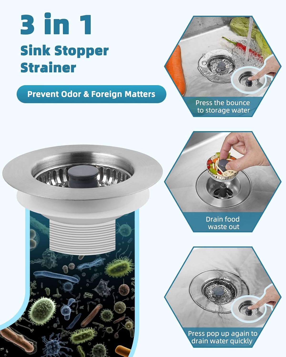 All Metal Sink Drain Strainer for Kitchen Sink, Universal Fit | Pop Up 3-in-1 Sink Stopper Drainer, 304 Stainless Steel Basket for US Standard 3-1/2 inch Drain Filter, Anti-clog