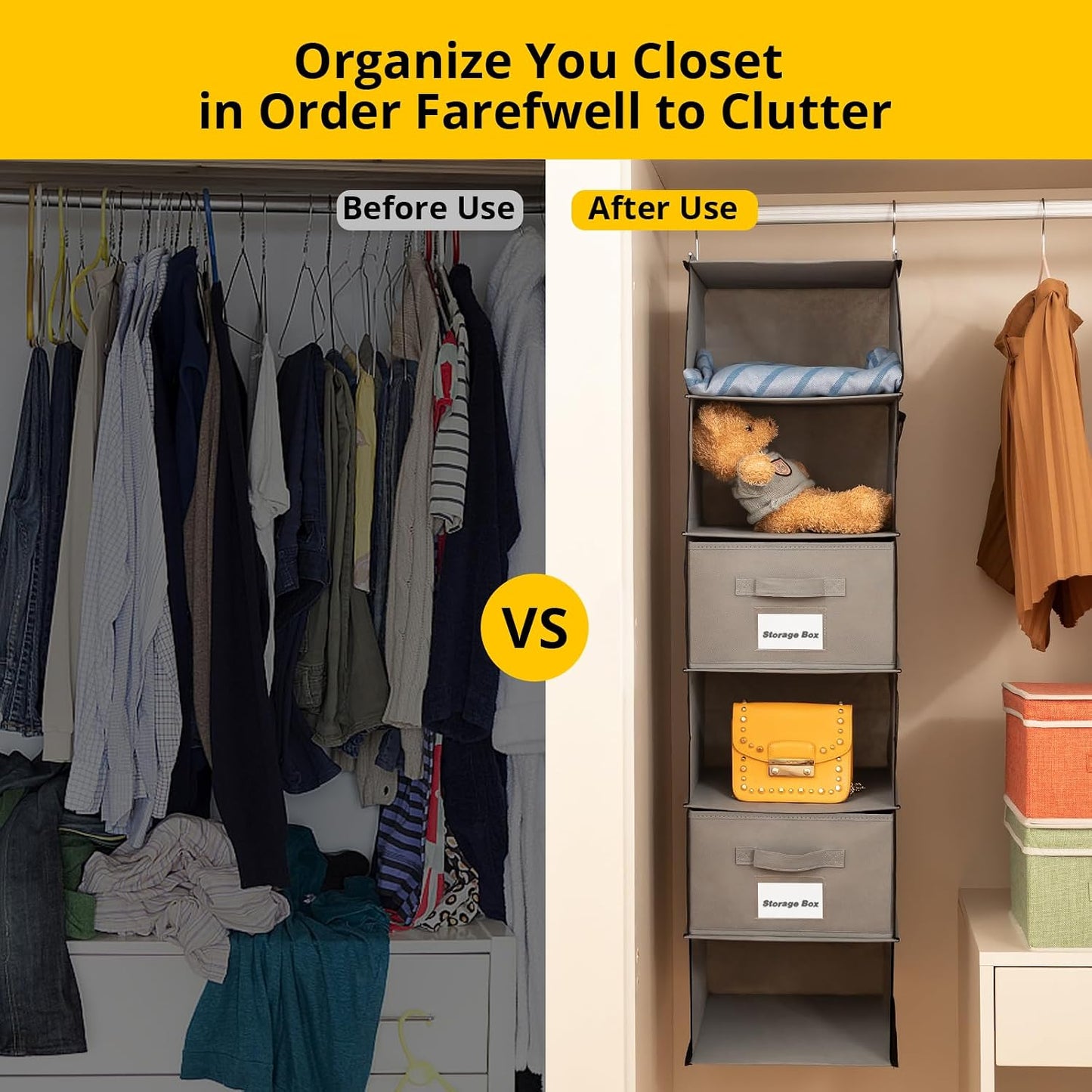 BrilliantJo 2 Pack Hanging Closet Organizer, 5 Shelves Hanging Storage with 6 Side Pockets for Clothes Shoes, 43"x12"x12"(Black)