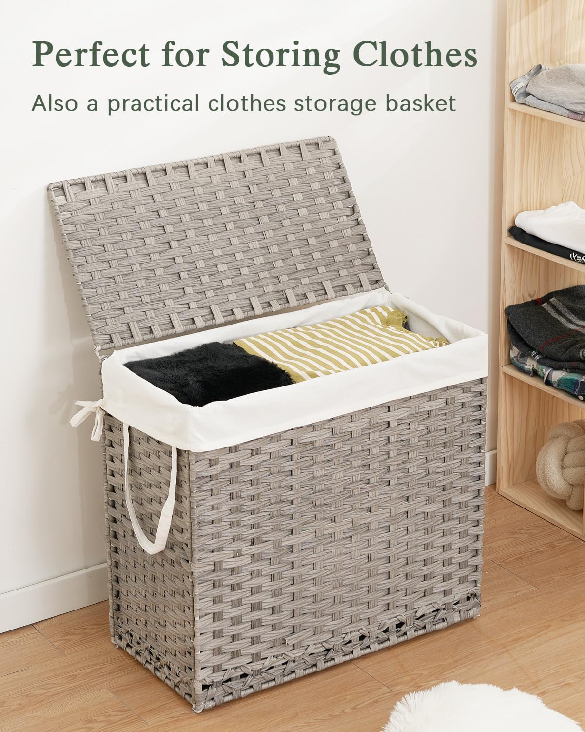 SETVSON Laundry Hamper with Lid Laundry Basket 132 L (35 Gal) Wicker Clothes Hamper, Handwoven Rattan Hamper with Handles and 4 Removable Liner Bags, 6 Mesh Bags for Laundry Bedroom Natural