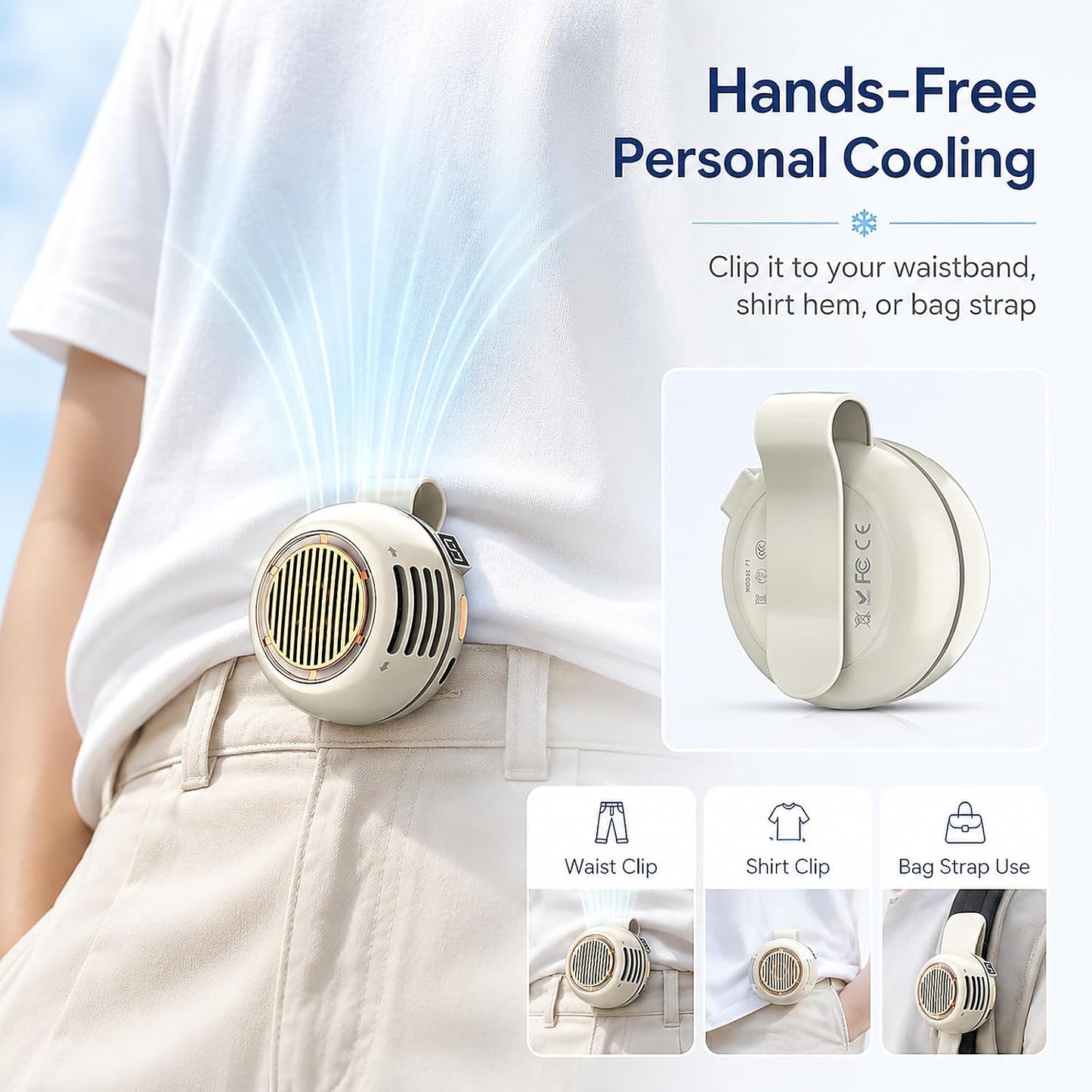 Portable Clip on Fan, Bladeless Waist Clip Fan with 5 Speeds, USB-C Rechargeable Mini Quiet Fan, LED Display, 1000mAh Battery, 82g Lightweight, Up to 6 Hours for Outdoor Office Travel Sports, Beige