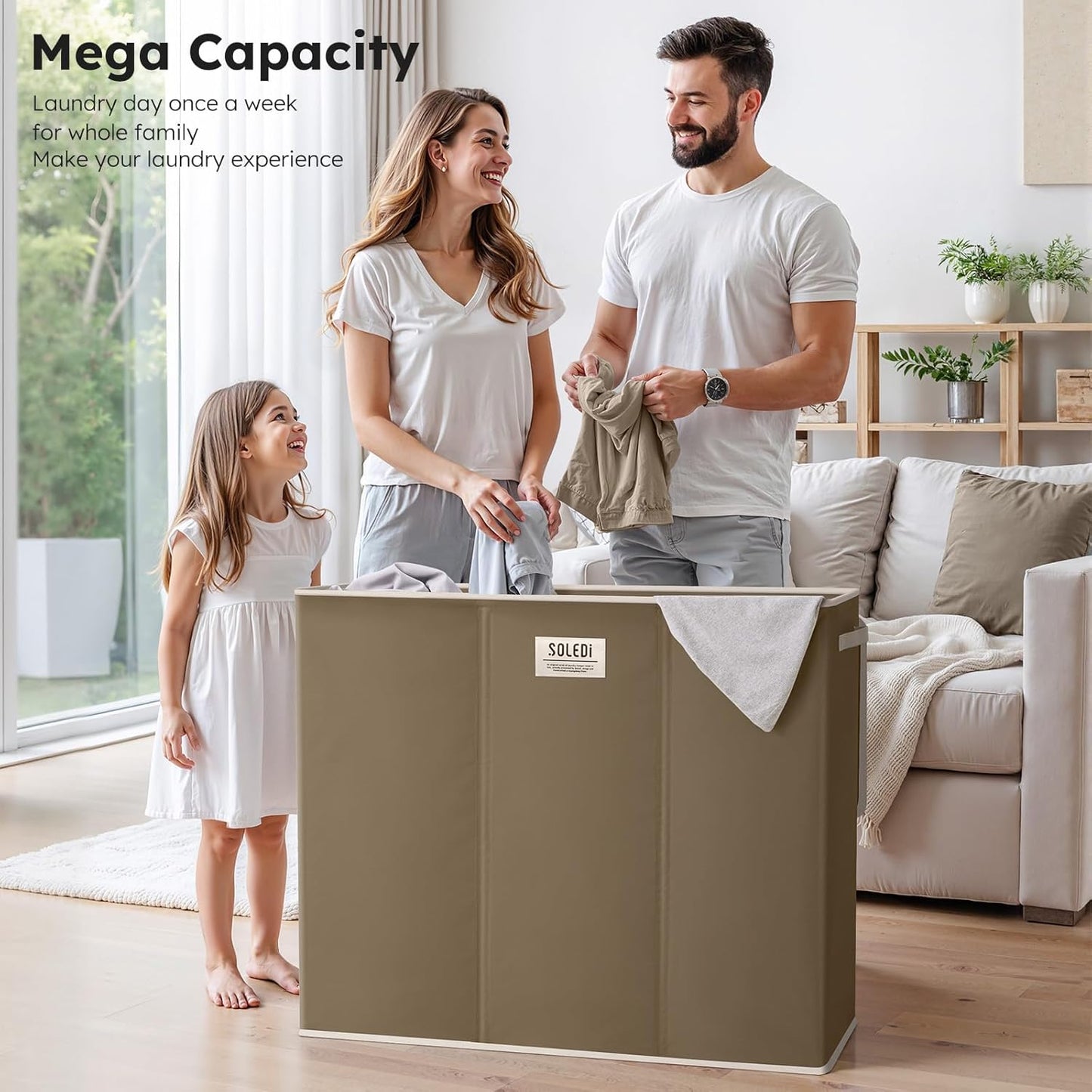 SOLEDI 180L Laundry Hamper 3 Section, Extra Large Laundry Hamper with Lid, Dirty Clothes Hamper with Sturdy Handle, Large Laundry Basket Organizer for Laundry Room, Bedroom, Hampers for Laundry