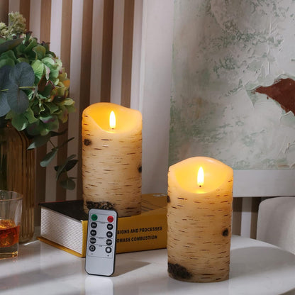qinxiang Flameless Candles LED Candles Birch Bark Set of 3 (D 3.25" x H 4" 5" 6") Ivory Real Wax Pillar Battery Operated Candles with LED Flame 10-Key Remote Control and Cycling 24 Hours Timer