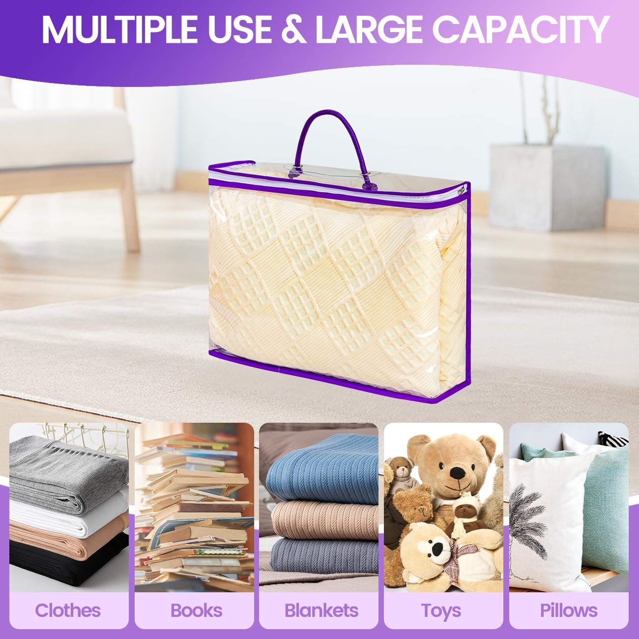 6 Pcs （16 * 12 * 4 Inch）Clear Zippered Storage Bags for Sweater Blanket Bed Sheet Storage, Plastic Storage Bags with Zipper for Closet Linen Sweater Blanket