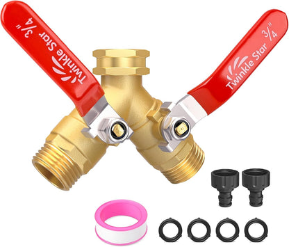 Twinke Star 2 Way Heavy Duty Brass Garden Hose Splitter | Long Handle, 3/4 Inch GHT Thread, Y Connector, Upgraded