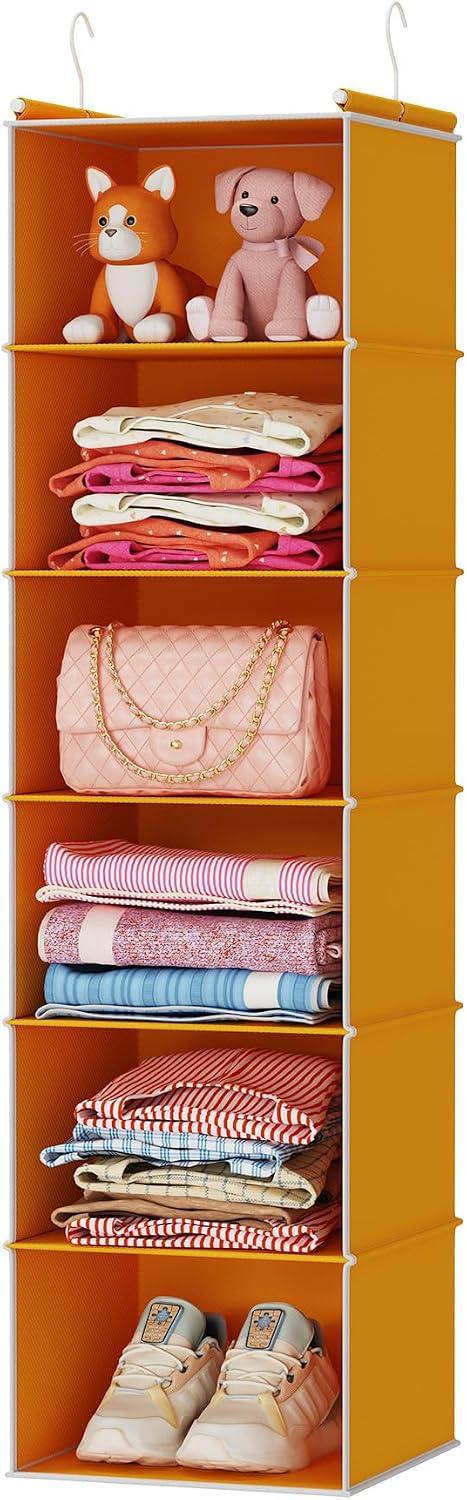 MAX Houser 6 Tier Shelf Hanging Closet Organizer, Closet Hanging Shelf with 2 Sturdy Hooks for Storage, Foldable (Grey)