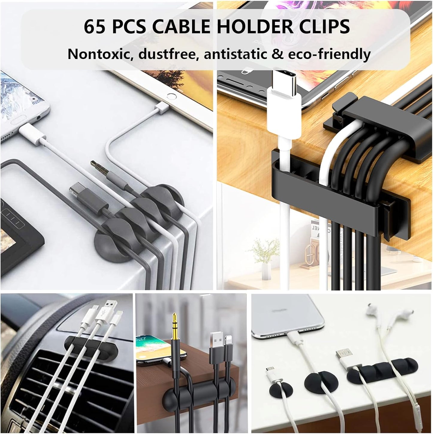 White Cable Management Organizer Kit 4 Cable Sleeve Split 311Pcs | 47Cable Clips 12Cord Clips Holder,22 Cable Ties, 20 adhesive Wall cable Tie, 200Fasten Cable Ties for TV Electronics