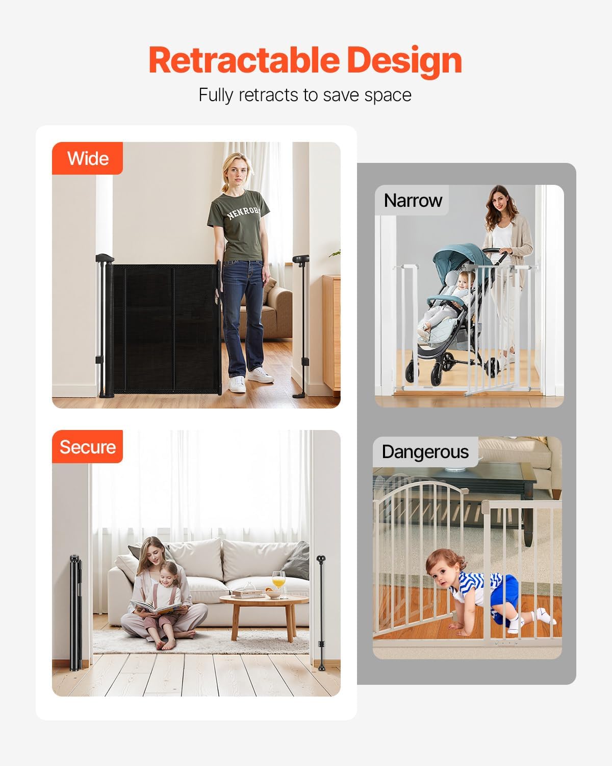 VEVOR Retractable Baby Gate, 34 inch Tall, Extends up to 71 inch Wide, Retractable Gate for Kids or Pets, Mesh Material, Easy to Install for Indoor Stairs, Doorways, Hallways, Playrooms, Gray