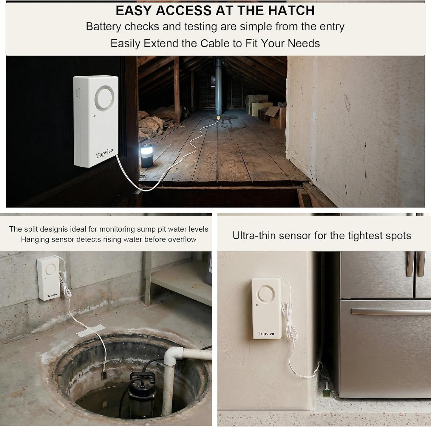 Water Leak Sensor Detector Flood Alarm for Basement RV Moisture 120dB Work Alone Battery Operated 3 Packs
