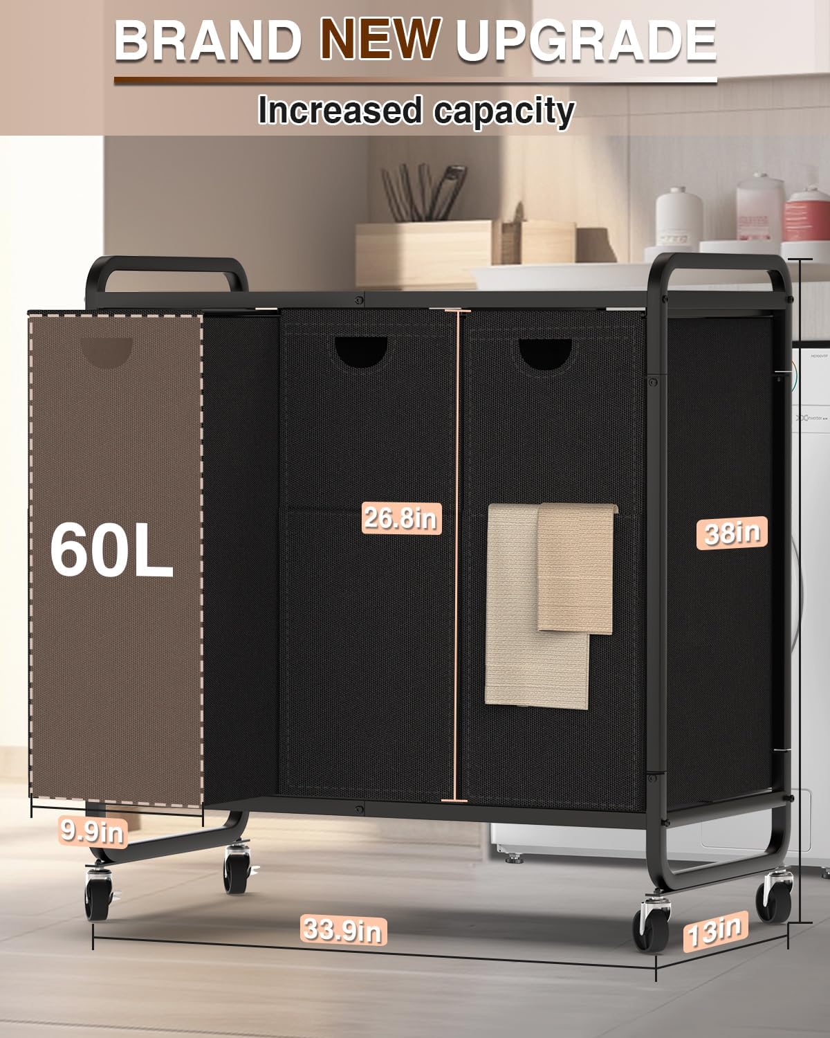 Laundry Sorter 3 Section,Laundry Basket with Wheels,3×15.8 Gal (60L) Laundry Hamper Organizer with Large Wooden Desktop Sorter,Pull-Out and Removable 900D Oxford Fabric Laundry Bags for Laundry Room