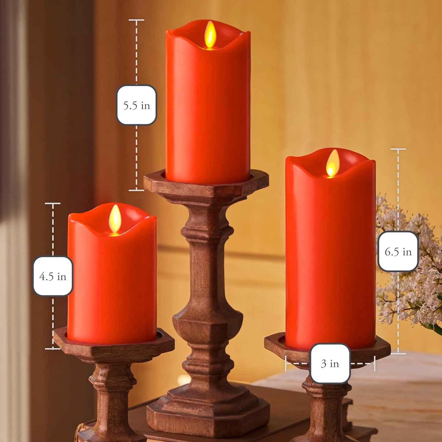 Matchless Candle Co. by Luminara Set of 3 Flameless LED Flickering Moving Flame Pillars (3" x 4.5", 5.5", 6.5"), Melted Unscented Real Wax Edge w/Smooth Finish, AA Battery Operated, Pearl Ivory