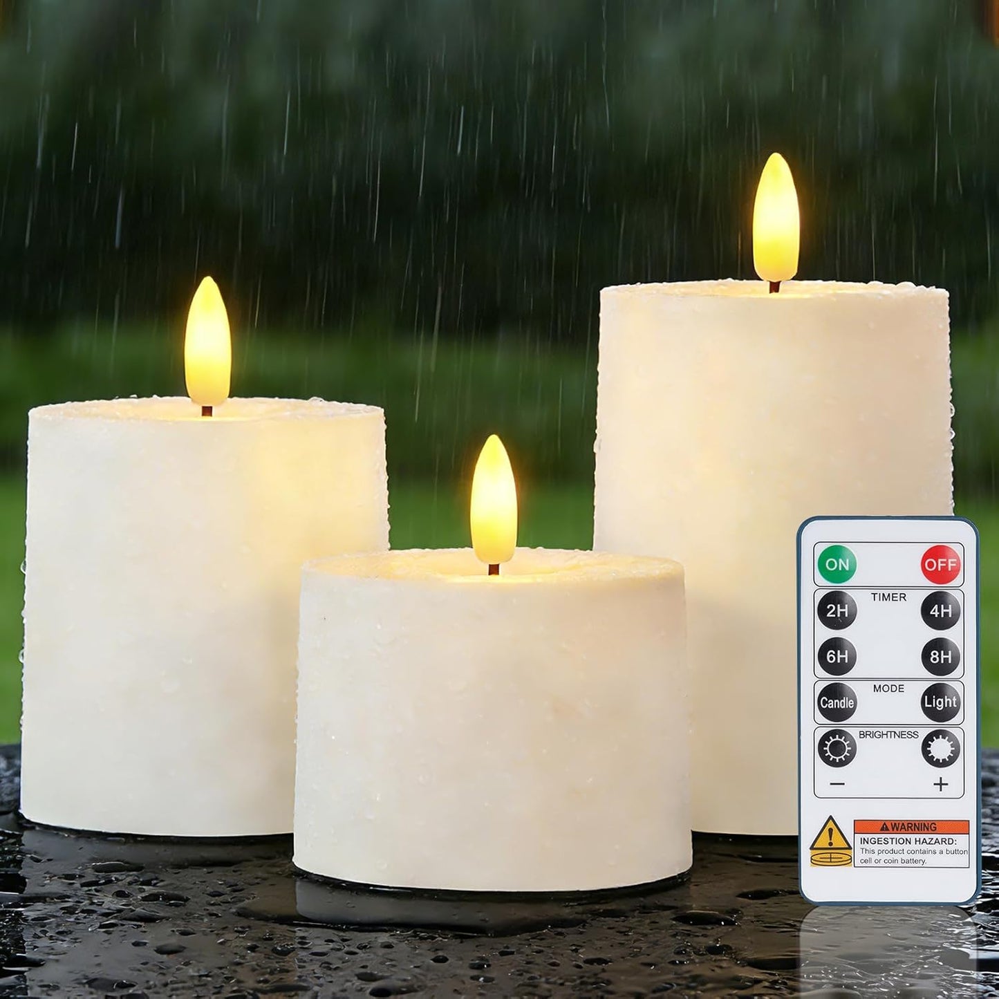 Raycare 3"x2.5" White Outdoor Waterproof Flameless Candles with Remote and Timer, Realistic LED Candles, Battery Operated Electric Fake Pillar Candles for Porch, Patio, Garden, Set of 2