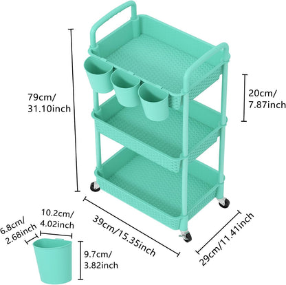 MOYIPIN 3-Tier Plastic Rolling Utility Cart with Handle,Utility Storage Cart for Office, Living Room, Kitchen,Movable Storage Organizer Shelves,White