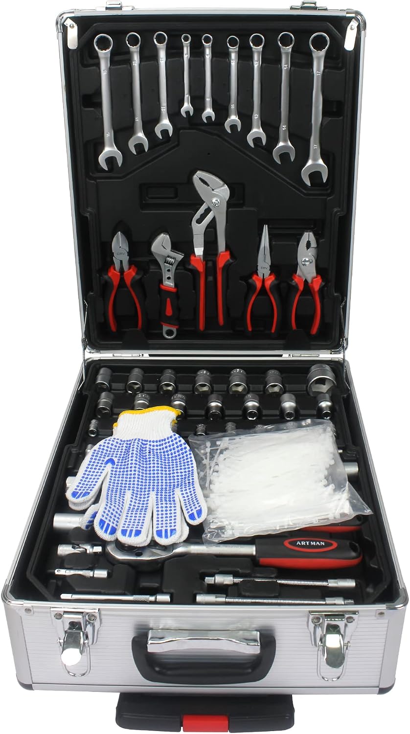 899pcs Home Repair Tool Set Kit for Men, Toolbox Storage Case with 4 Drawers, General Household Tool Kit with Rolling Tool Box, Tool Set Kit for Maintenance, Garden, Homeowner, Handyman,Silver Case