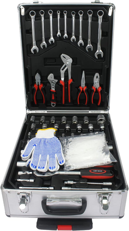 899pcs Home Repair Tool Set Kit for Men, Toolbox Storage Case with 4 Drawers, General Household Tool Kit with Rolling Tool Box, Tool Set Kit for Maintenance, Garden, Homeowner, Handyman,Silver Case