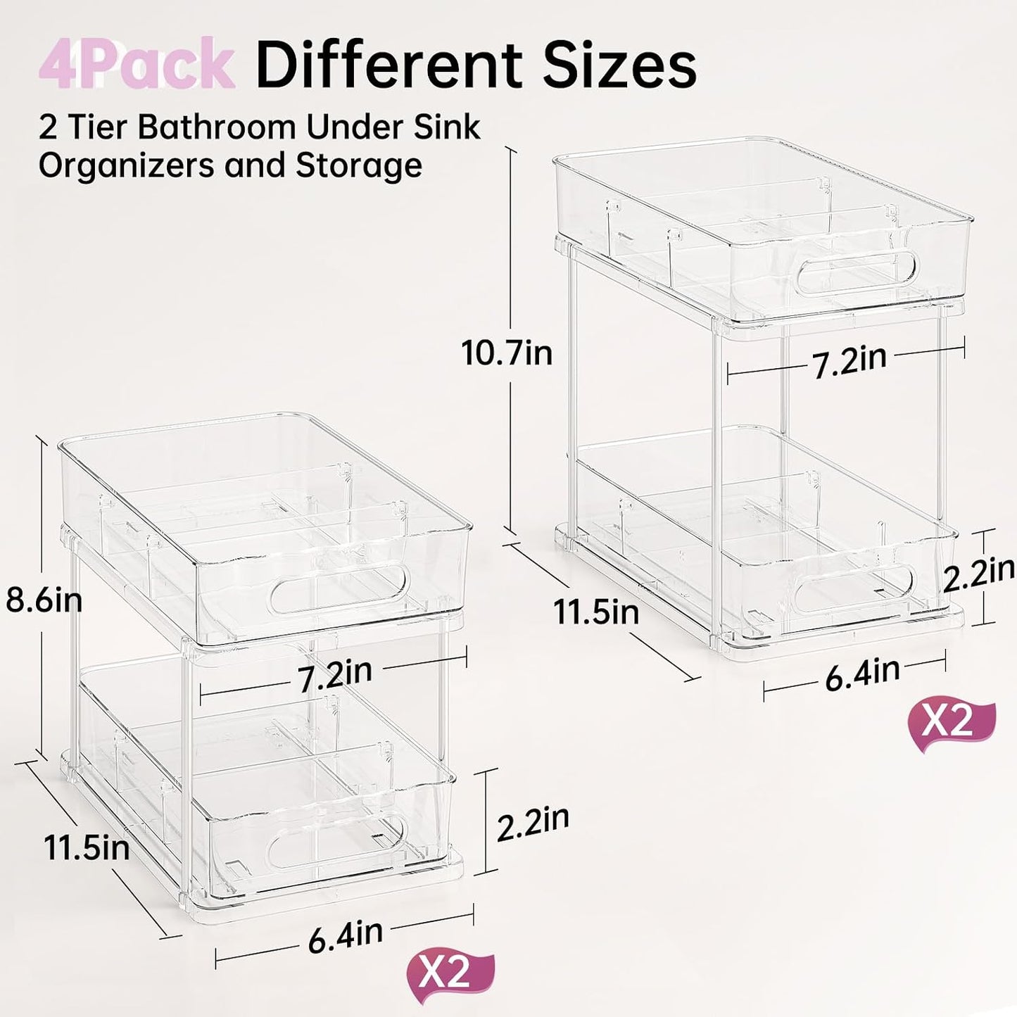 Delamu 2 Tier Under Sink Organizer Bathroom, Bathroom Cabinet Organizer with Snap-Lock Design and Hooks, Pull Out Storage with Movable Dividers, for Countertop, Kitchen and Pantry (Clear, 2 Pack)