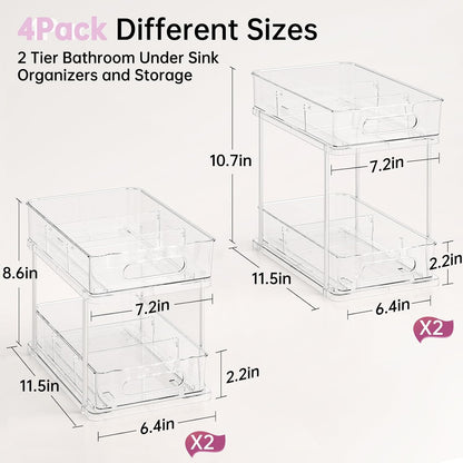 Delamu 2 Tier Under Sink Organizer Bathroom, Bathroom Cabinet Organizer with Snap-Lock Design and Hooks, Pull Out Storage with Movable Dividers, for Countertop, Kitchen and Pantry (Clear, 2 Pack)