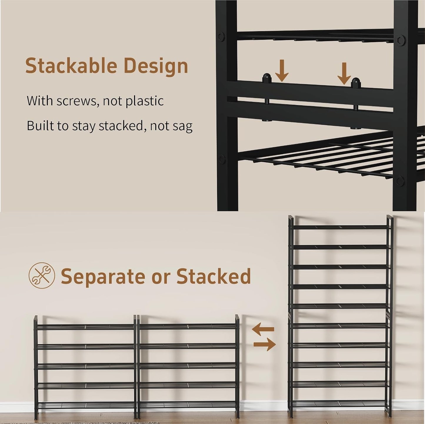 Stackable Shoe Rack, 6 Tier Metal Shoes Rack Storage Organizer,Large Capacity Shoe Shelf Max Holds 30 Pairs of Shoes,Sturdy and Stable, for Closet, Entryway,Garage，Black