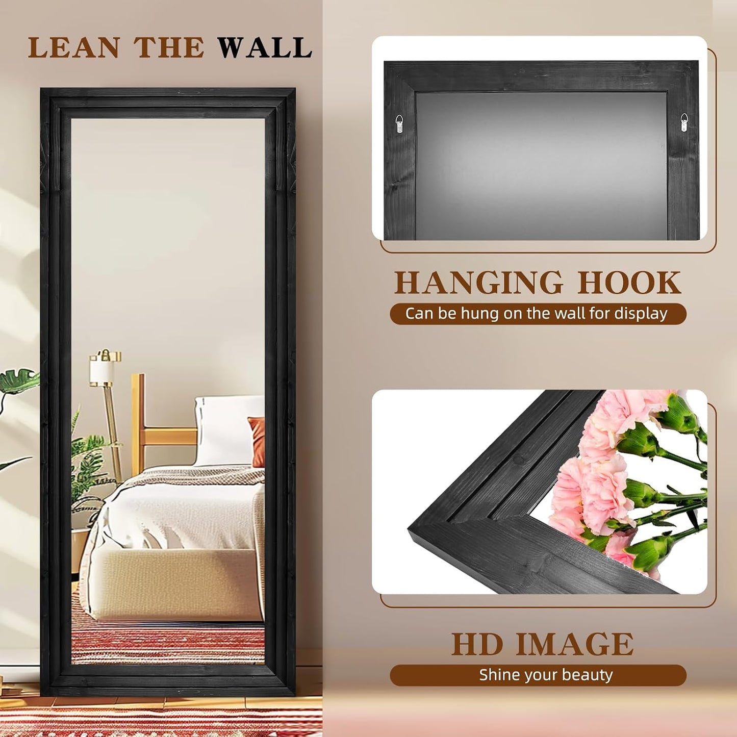 Full Length Mirror 65"x22" with Stand Solid Wood Frame Floor Large Mirror for Living Room, Bedroom Hanging Standing or Leaning Wall-Mounted, New Black