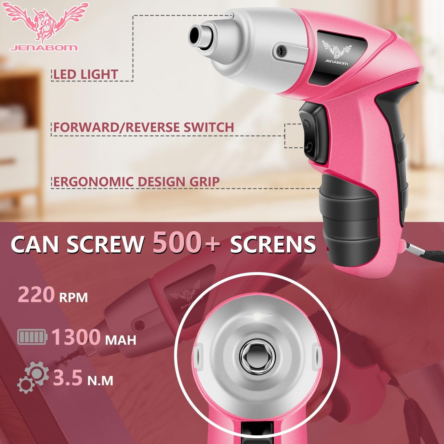 JENABOM Pink 3.6V USB Cordless Electric Screwdriver & Household Tool Kit | Power Screwdriver and Hand Tools in a Compact Box Case for Small Repair and Maintenance- Ideal Housewarming Gift, 112Pcs