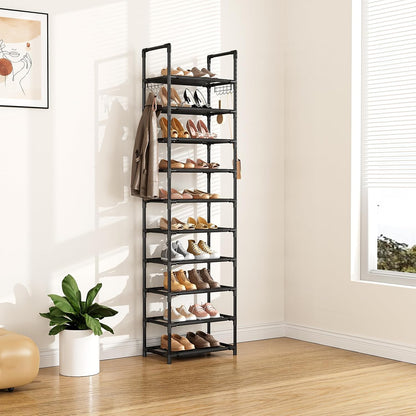 LANTEFUL 10 Tiers Shoe Rack 50 Pairs Large Capacity Tall Shoe Organizer Sturdy Shoe Storage with Two Hooks Space Saving Metal Wide Shoe Rack for Closet, Entryway, Bedroom, Black