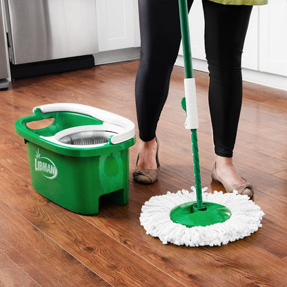 Libman Tornado Spin Mop System and 1 Refill, Mop and Bucket with Wringer Set for Hardwood Floor Cleaning, 2 Total Heads Included