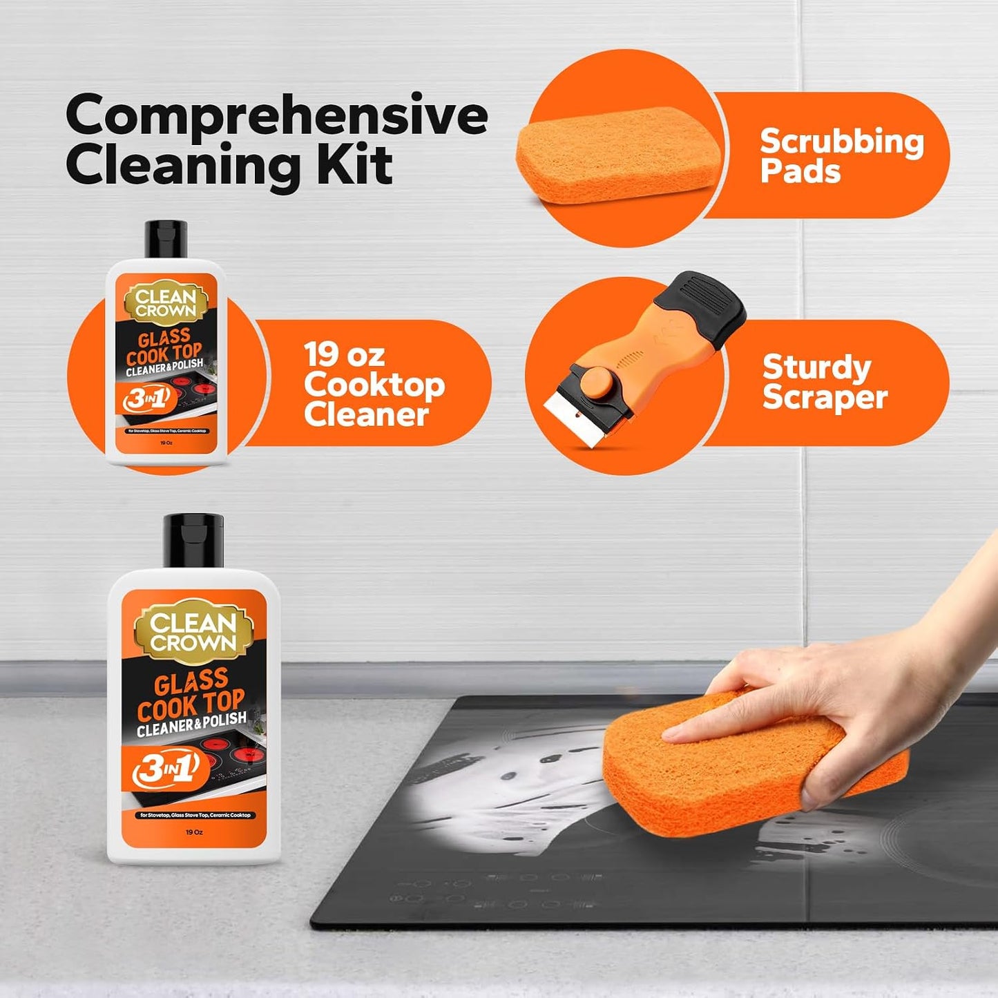 3-in-1 Cooktop Cleaner Kit (8.8 Oz Cooktop Cleaner + Scrubbing Pad + Scraper), Stovetop Cleaner for Electric Top Stoves, Ceramic Cooktops & Fireplace Glass, Remove Burned on Food, Grease