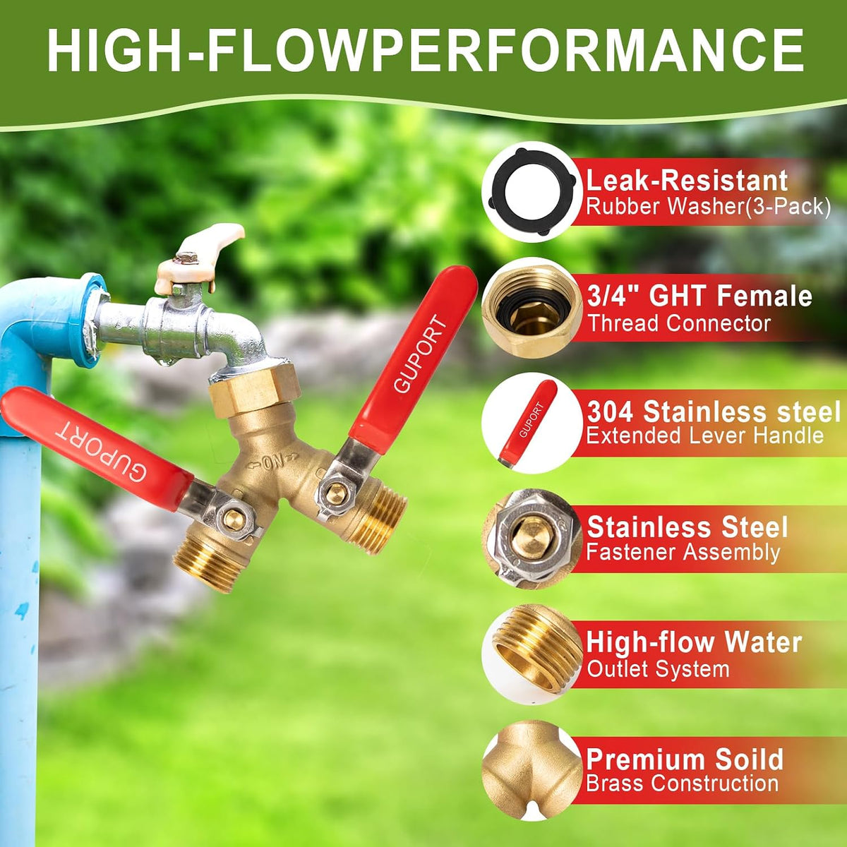 Brass Garden Hose Splitter 2/3/4 Way，Hose y Splitter with Shutoff，Heavy Duty Outdoor Faucet and Garden Connector，Extension Handles，3/4” GHT Threads