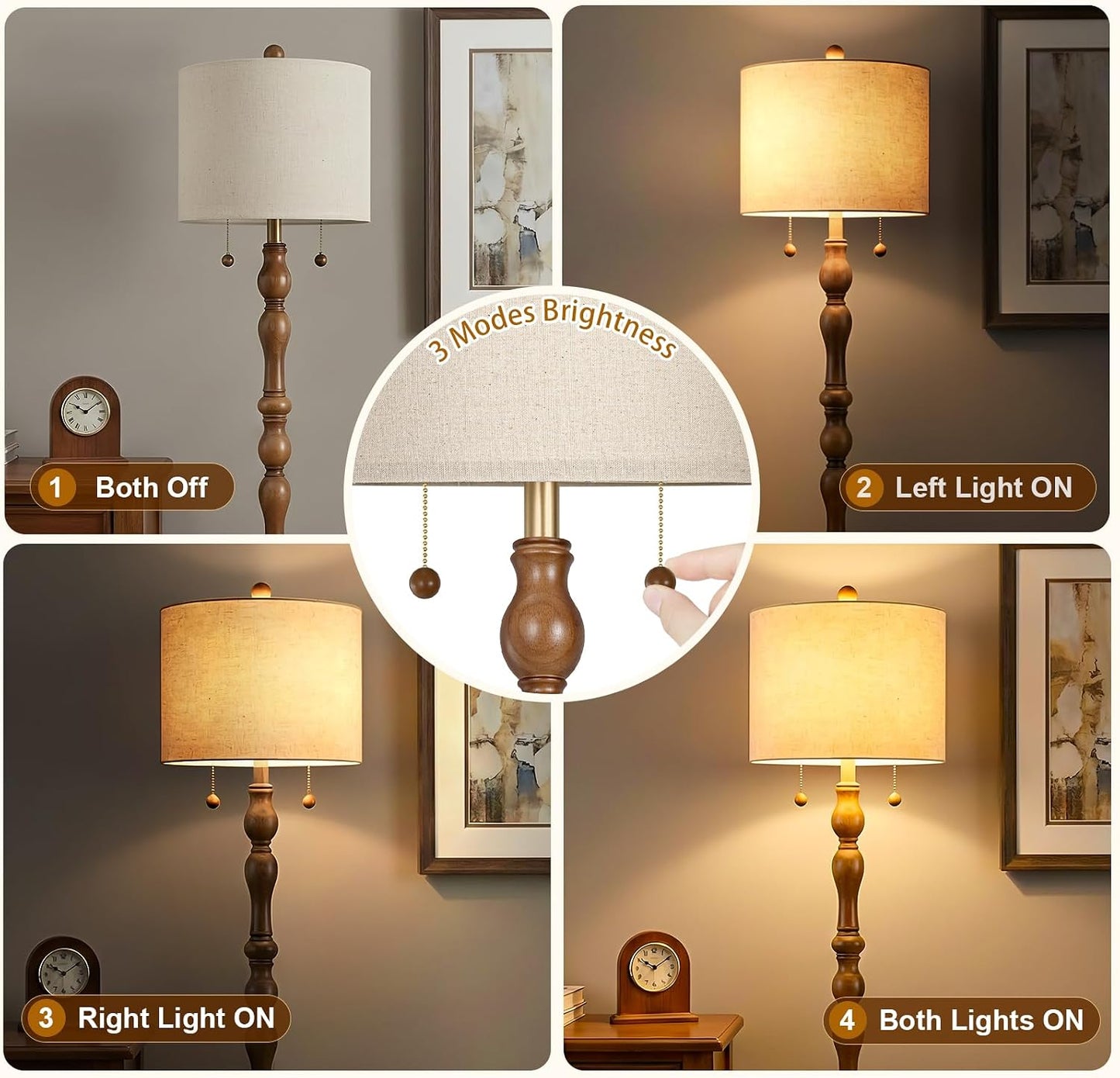 Scenekoy 65.5” Natural Real Wood Floor Lamp for Living Room Bedroom, Dual S Cluster Socket, Pull Chains Switch, Farmhouse Tall Standing Lamp with Linen Shade for Home Room Decor (Bulbs Included)