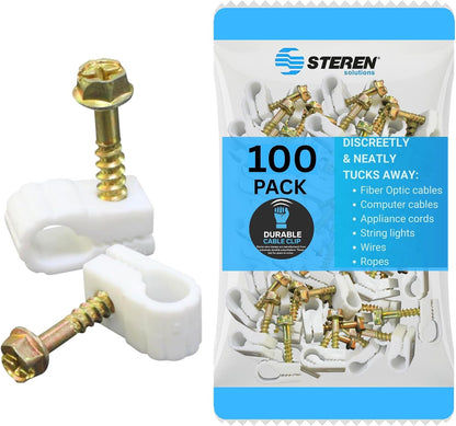 STEREN Coaxial Cable Clips - Cable Holder - Wire Clips - Siding Clips For Hanging - Cord Holder For Desk - Cable Clamps - Cord Clip - Wire Organizer Clips - Tv Mount Screws - Black - 100 Pack