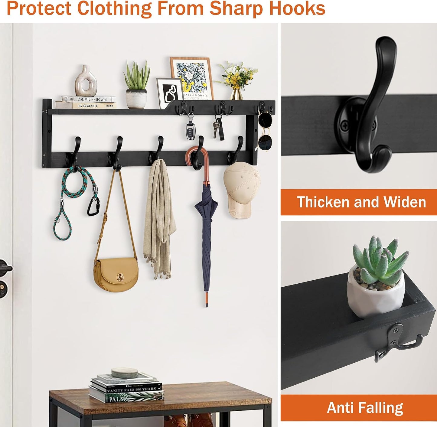 dreampossible Coat Rack Wall Mount with Shelf, Coat Hanger Wall Mount with Key Hooks and Mail Holder, Wood Entryway Floating Shelf with Hooks and Storage, Hat Rack for Wall Key Holder Mail Organizer