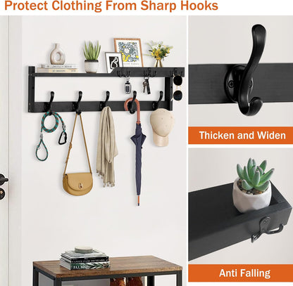 dreampossible Coat Rack Wall Mount with Shelf, Coat Hanger Wall Mount with Key Hooks and Mail Holder, Wood Entryway Floating Shelf with Hooks and Storage, Hat Rack for Wall Key Holder Mail Organizer