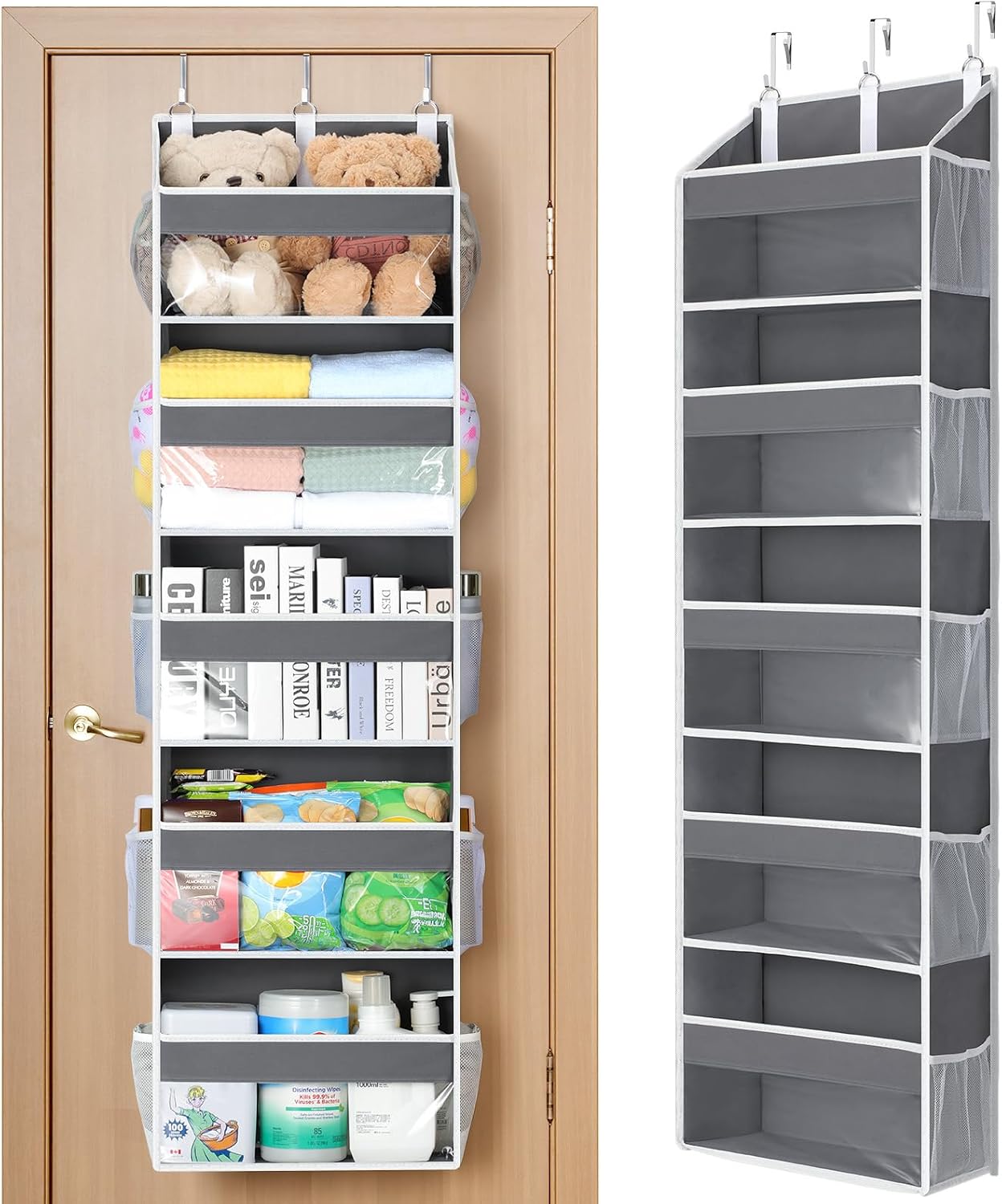 Yecaye Over the Door Organizer 5 Tiers, Heavy Duty Hanging Storage with 5 Large Clear PVC Pockets and 10 Side Pockets, 56lbs Capacity for Closet Door Bathroom Bedroom Nursery Dorm Laundry Room, Grey