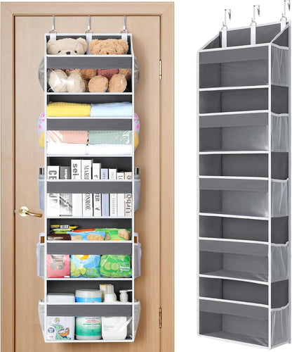 Yecaye Over the Door Organizer 5 Tiers, Heavy Duty Hanging Storage with 5 Large Clear PVC Pockets and 10 Side Pockets, 56lbs Capacity for Closet Door Bathroom Bedroom Nursery Dorm Laundry Room, Grey