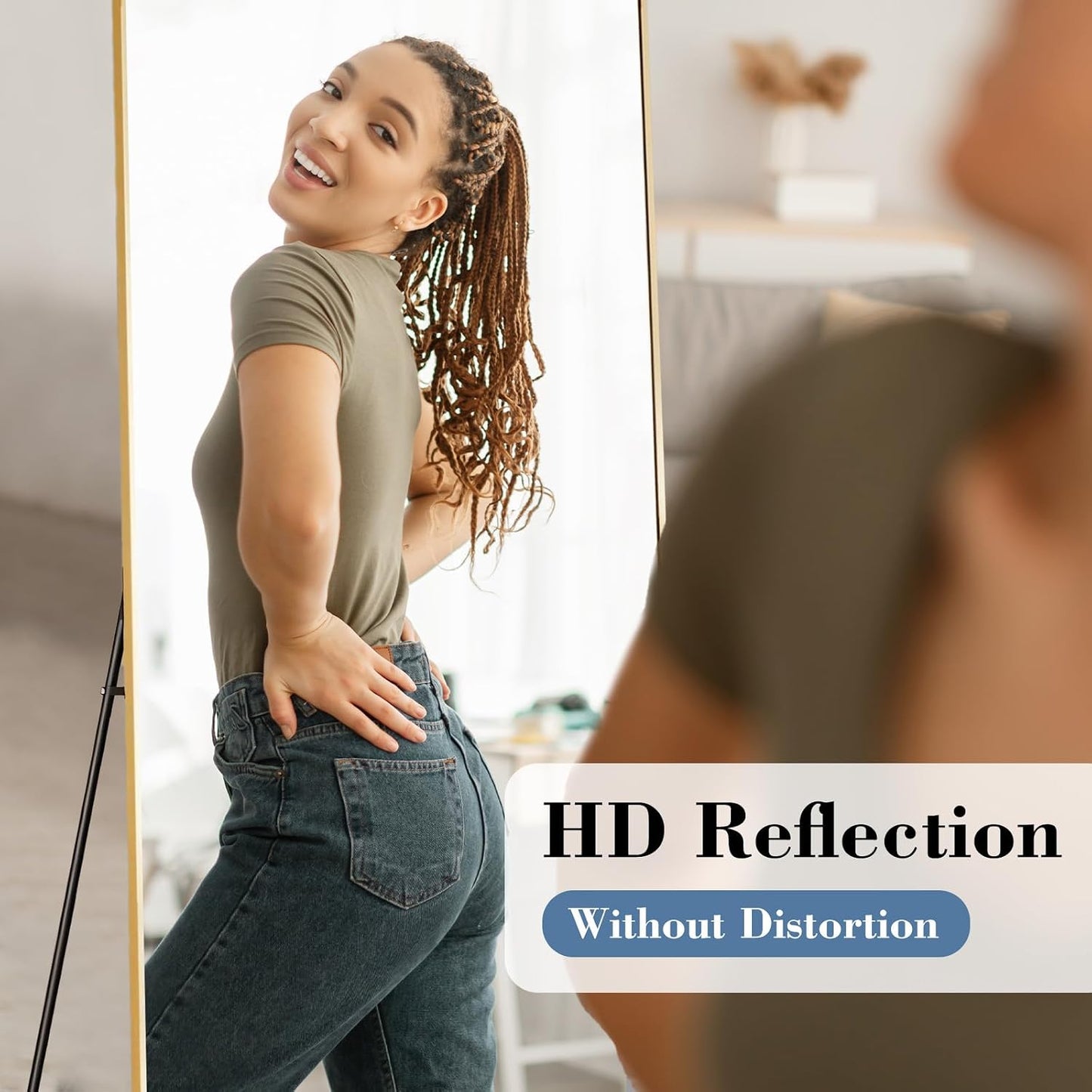 DUMOS 64"x21" Arched Full Length Floor Mirror, Full Body Mirror with Stand, Shatterproof Tempered Glass, Modern Aluminum Alloy Frame, Free Standing or Leaning for Home Decor, Gold