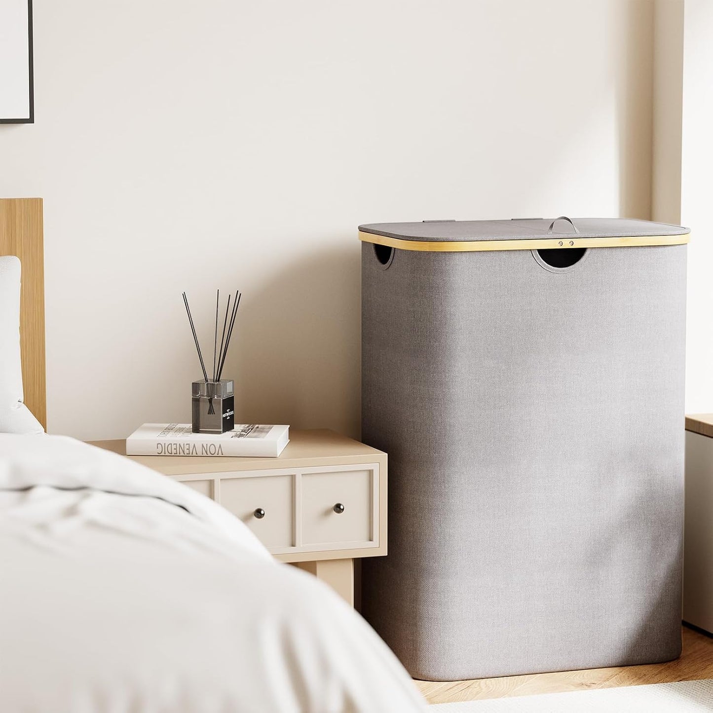 SpaceAid Double Laundry Hamper 2 Section with Lid and Removable Laundry Bags, 160L Clothes Basket with Bamboo Handles, Large Collapsible Hamper for Bedroom, Bathroom, Dorm, Laundry Room - White