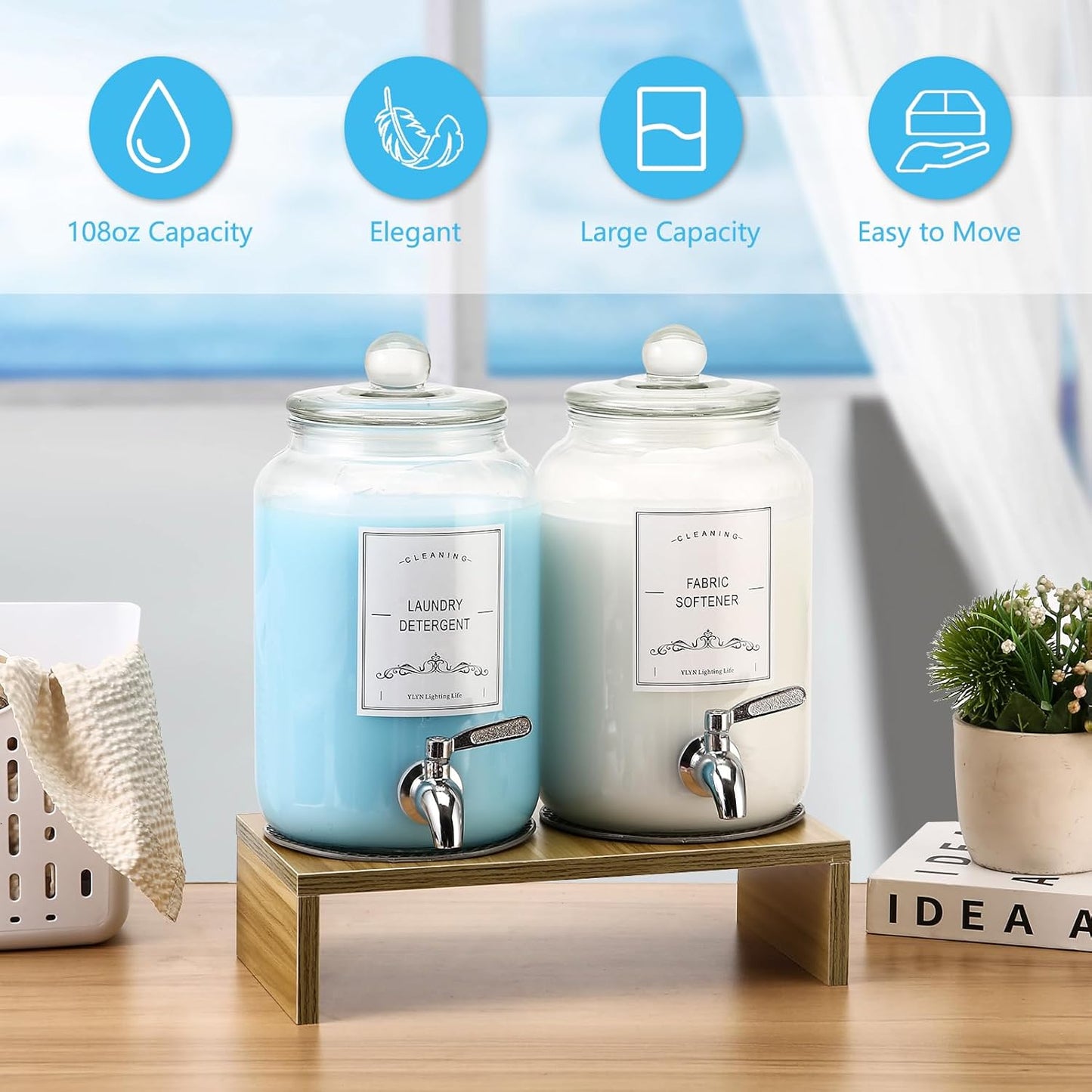 2-Pack Glass Laundry Detergent Dispenser with Stand, 106oz Leak-Proof Glass Fabric Softener Dispenser- Laundry Soap Dispenser-Reusable Container for Kitchen & Bathroom Storage