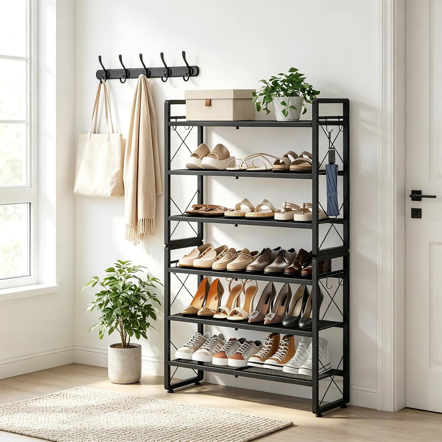 ELYKEN Shoe Rack, 2-Tier Expandable Shoe Organizer for Closet, Metal Black Shoe Shelf with 4 Hooks, Adjustable Shoe Stand Holder for Entryway, Garage, Door Entrance