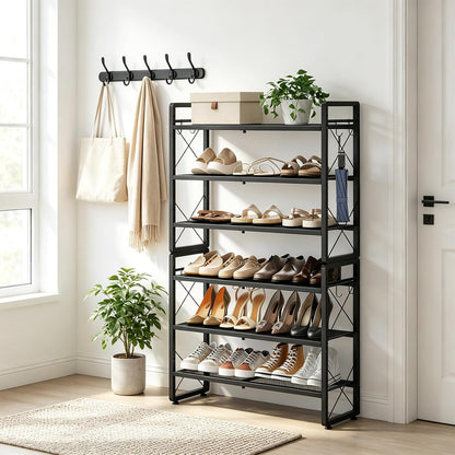 ELYKEN Shoe Rack, 2-Tier Expandable Shoe Organizer for Closet, Metal Black Shoe Shelf with 4 Hooks, Adjustable Shoe Stand Holder for Entryway, Garage, Door Entrance