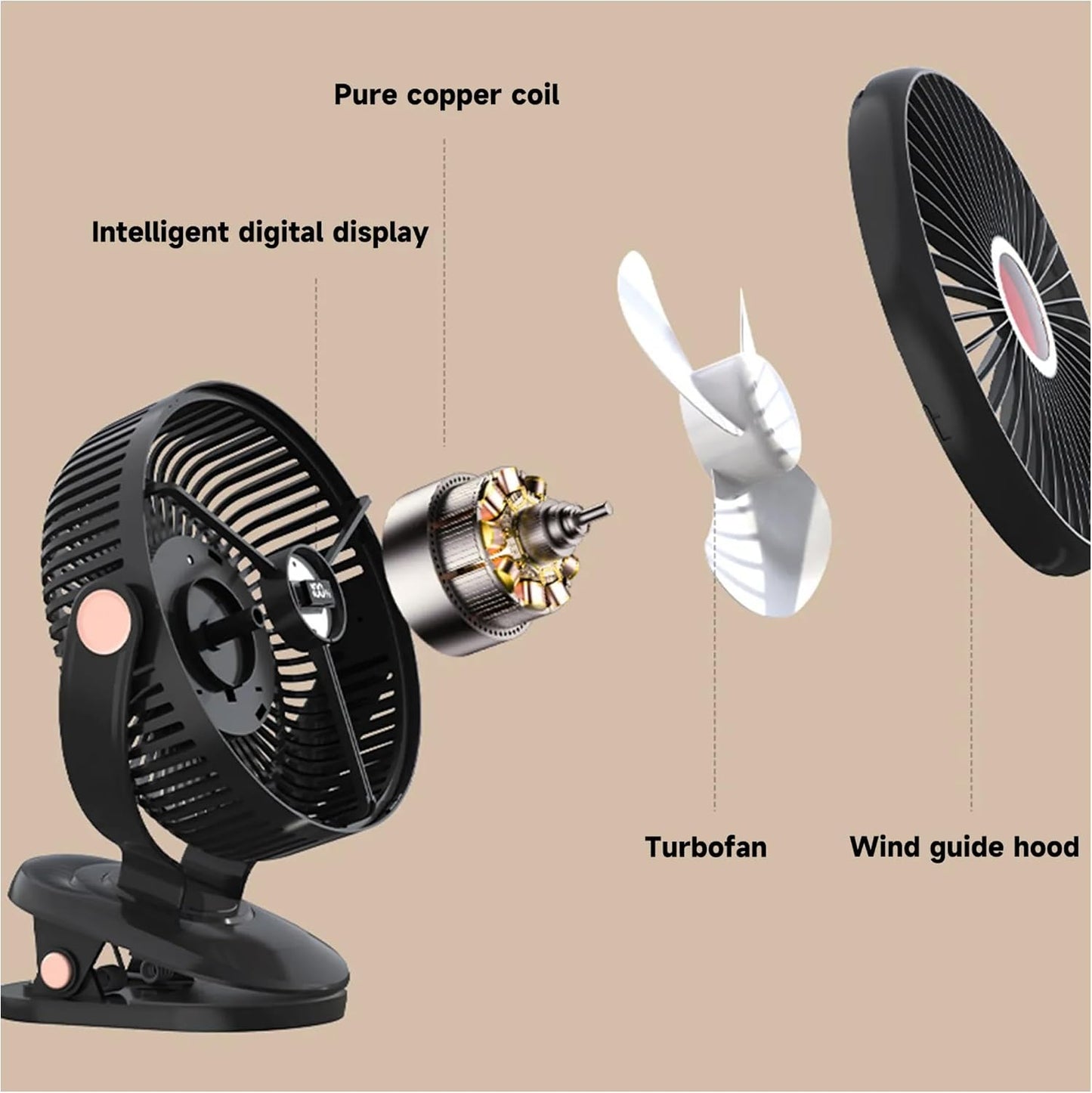 Compact USB Rechargeable Clip on Fan, 6 Inches Portable Personal Fan for Outdoors, Car Seat, Gym - Black