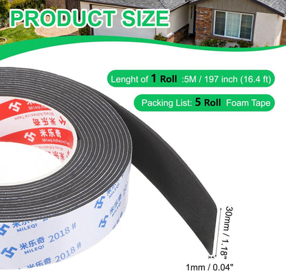 PATIKIL Sponge Rubber Foam Tape, 5/8" W x 1/8" t x 16.4ft l Self-Adhesive Foam Insulation Tape Weather Stripping for Window Door Soundproofing Weatherstrip AC Seal Strip, Black