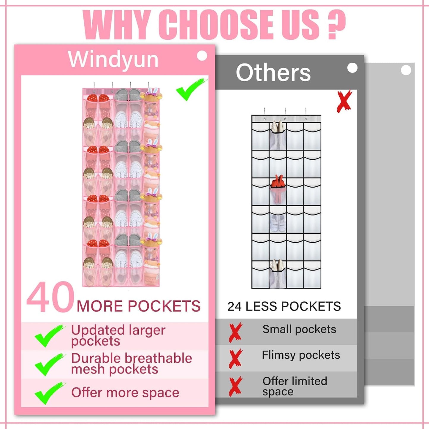 Windyun 40 Over The Door Shoe Organizer, Large Mesh Pocket Hanging Shoe Rack Hanger Large Capacity Gray Behind The Door Storage Holder for Dorm College Closet Entryway Bedroom Utility Room Women Men