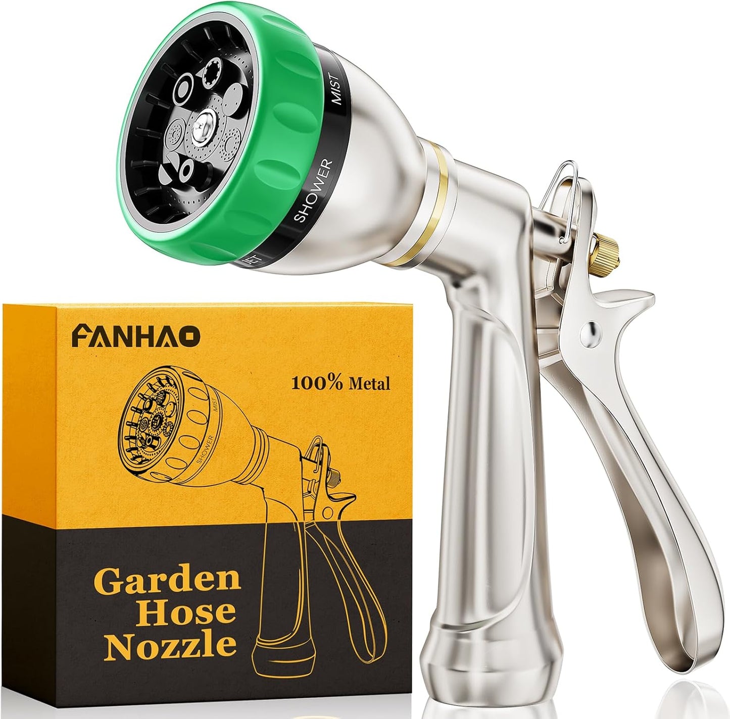 FANHAO Heavy Duty Garden Hose Nozzle, 100% Metal Water Nozzle with 8 Adjustable Spray Patterns, High Pressure Hose Sprayer with Non-Slip Grip for Watering Plants & Lawns, Washing Cars & Pets -Silver