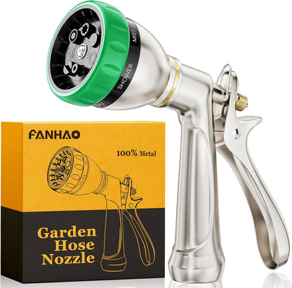 FANHAO Heavy Duty Garden Hose Nozzle, 100% Metal Water Nozzle with 8 Adjustable Spray Patterns, High Pressure Hose Sprayer with Non-Slip Grip for Watering Plants & Lawns, Washing Cars & Pets -Silver