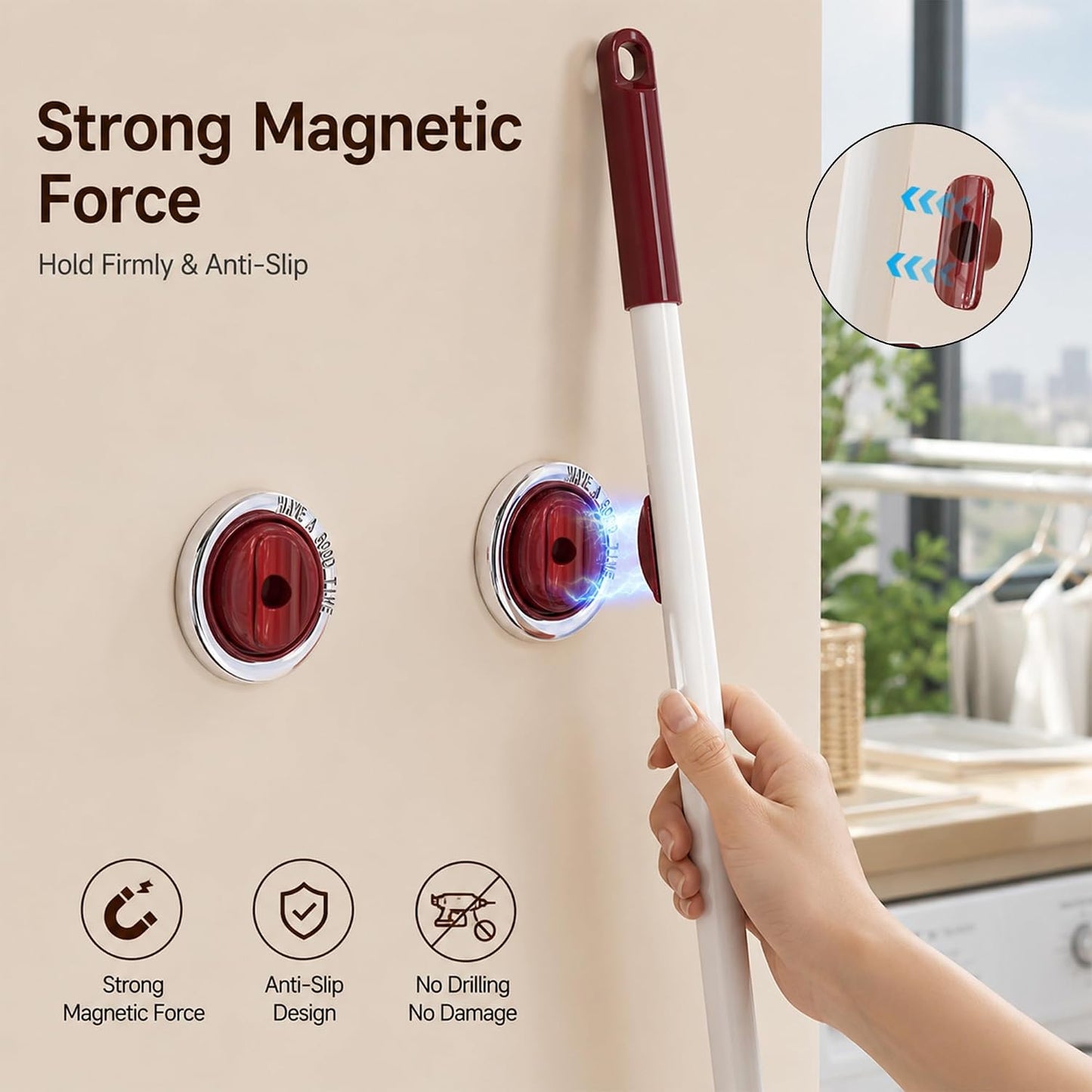 3Pcs Multi-Purpose Magnetic Drill-Free Wall Hooks, Clothes Drying Pole & Electric Toothbrush Storage Holder, Rust-Resistant Mop Organizer for Bathroom Balcony Laundry Room
